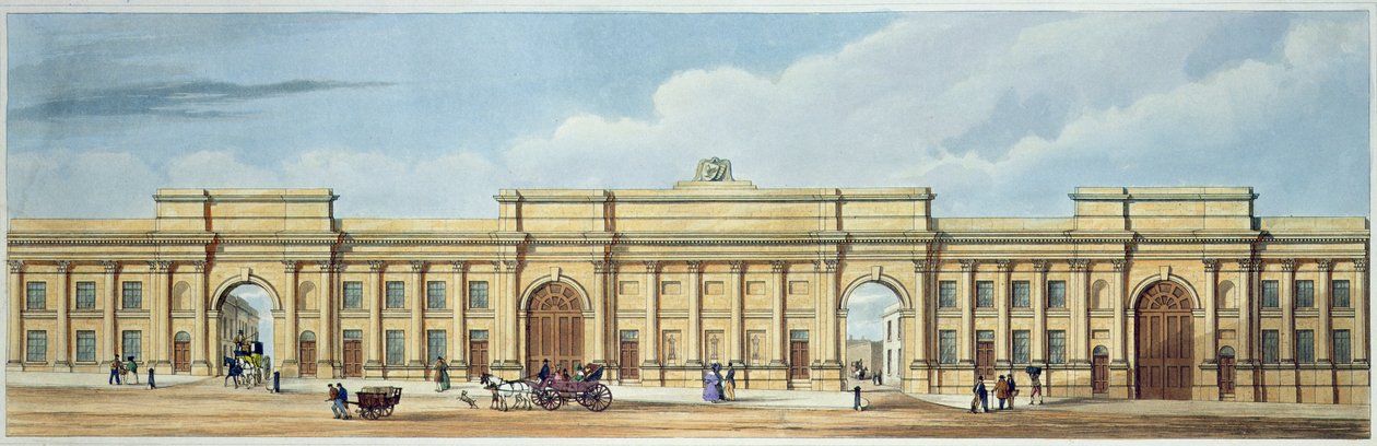 New Grand entrada para o Liverpool e Manchester Railway, Lime Street, Liverpool, de &39;Liverpool e Manchester Railway&39;, gravada por John Harris, pub. por Ackermann und Co., 1836 de S. Kelper