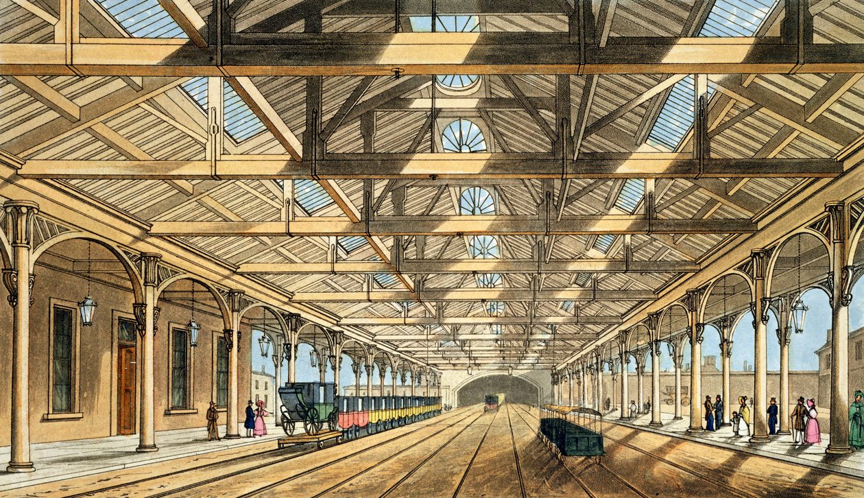 Nova Estação, Lime Street, Entrada para o Túnel e Escritórios de Reservas, de &39;Liverpool e Manchester Railway&39;, gravada por John Harris, pub. por Ackermann und Co., 1836 de S. Kelper