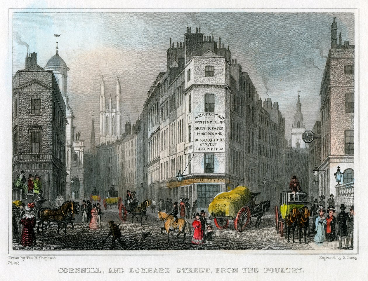 Cornhill e Lombard Street de aves domésticas, cidade de Londres, 1830. de S. Lacey