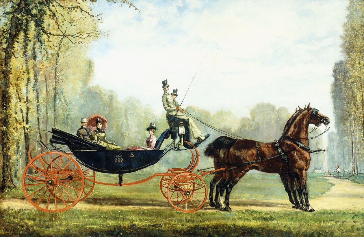 Uma carruagem puxada por cavalos em um parque com uma caça além (óleo sobre tela) de S. Normand
