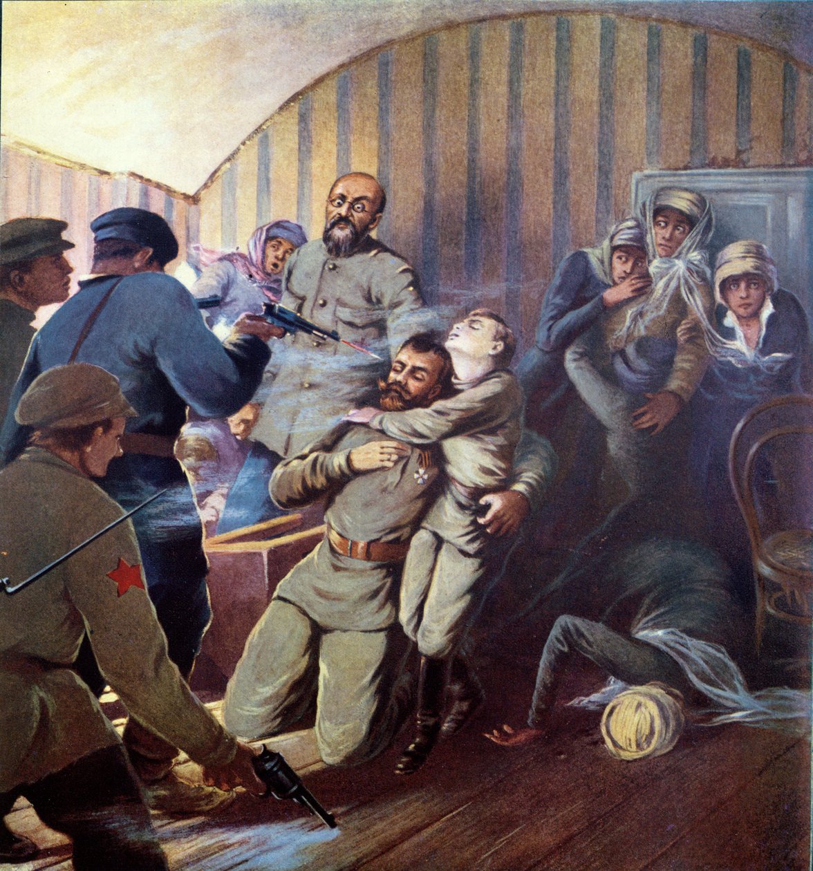 Execução do czar Nicolau II (1868-1918) e sua família em Ecaterimburgo, 17 de julho de 1918, da Histoire des Soviets por H. de Weindel, 1923-24 de S. Sarmat