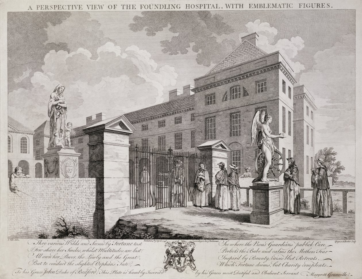 Uma vista em perspectiva do Foundling Hospital com Figuras Emblemáticas, 1749 de S. Vale