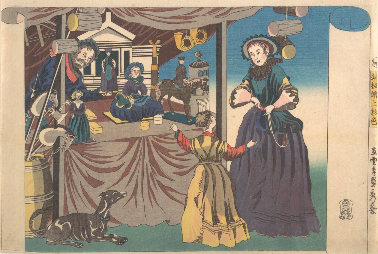 Impressão colorida de uma placa de cobre Foto de uma loja de brinquedos, 1860. de Sadahide Utagawa