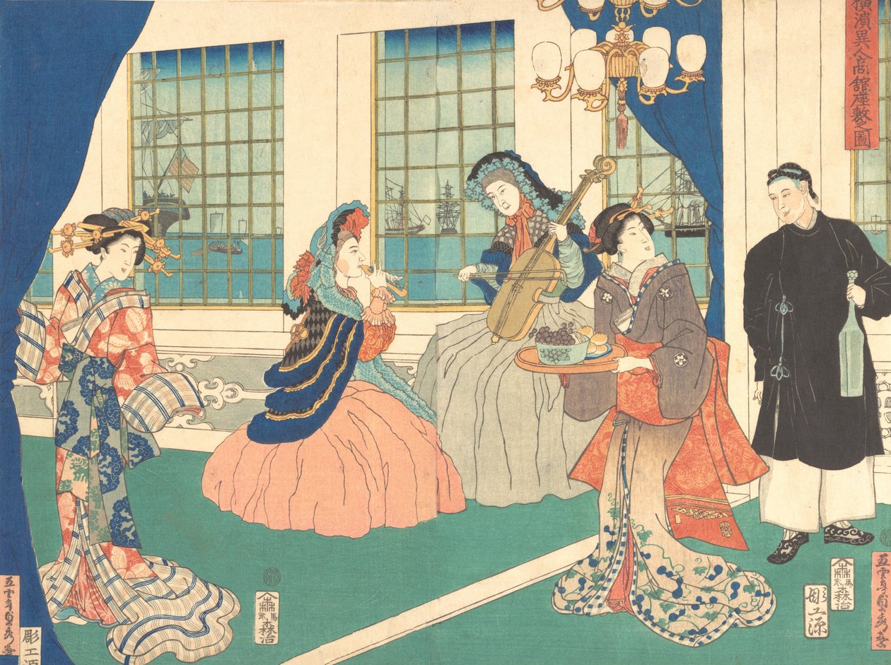Sala de desenho de um estabelecimento comercial estrangeiro em Yokohama, 9º mês, 1861. de Sadahide Utagawa