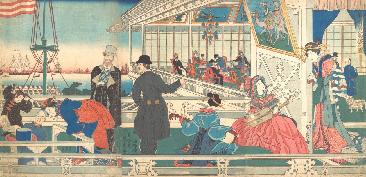Casa de Comerciantes Estrangeiros em Yokohama, 9º mês, 1861. de Sadahide Utagawa