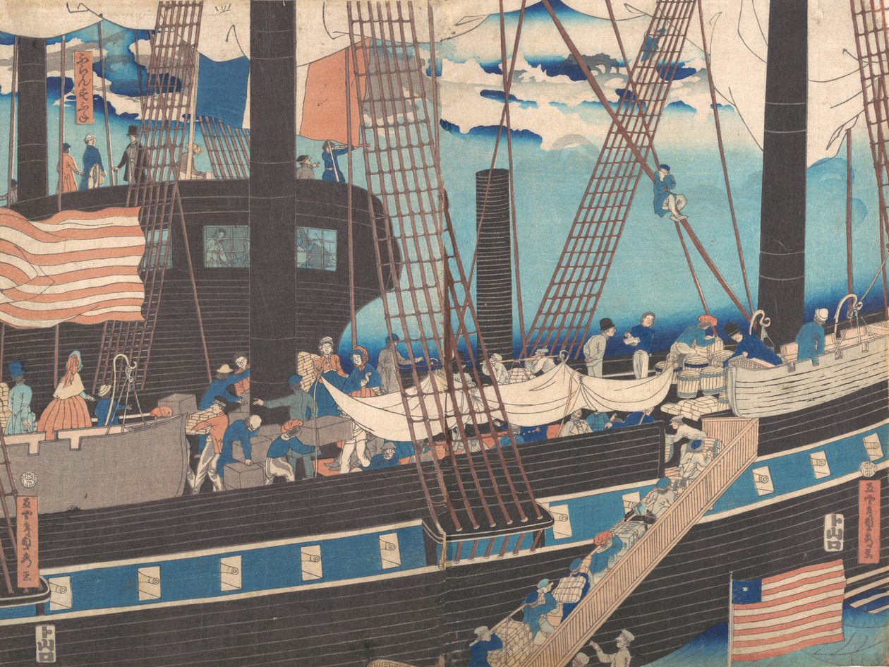“Yokohama Trade: Westerners Carregando Carga”, 4º mês, 1861. de Sadahide Utagawa