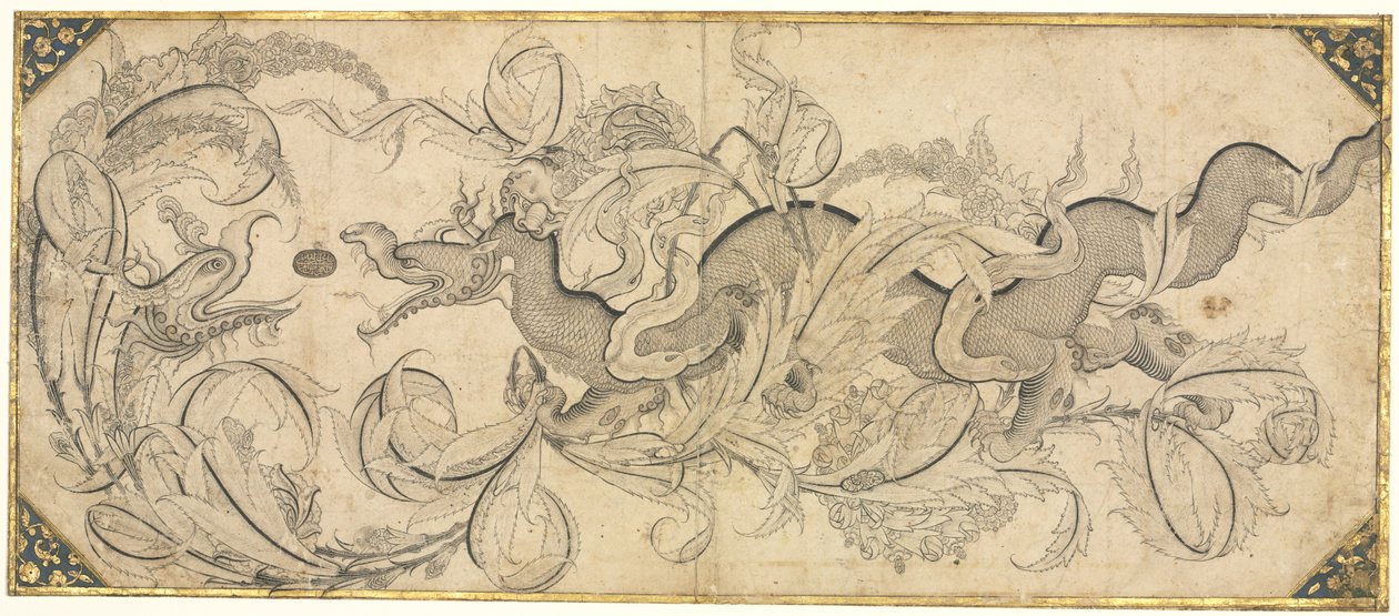 Dragão em folhagem com cabeças de leão e fênix, meados dos anos 1500. de Sahkulu