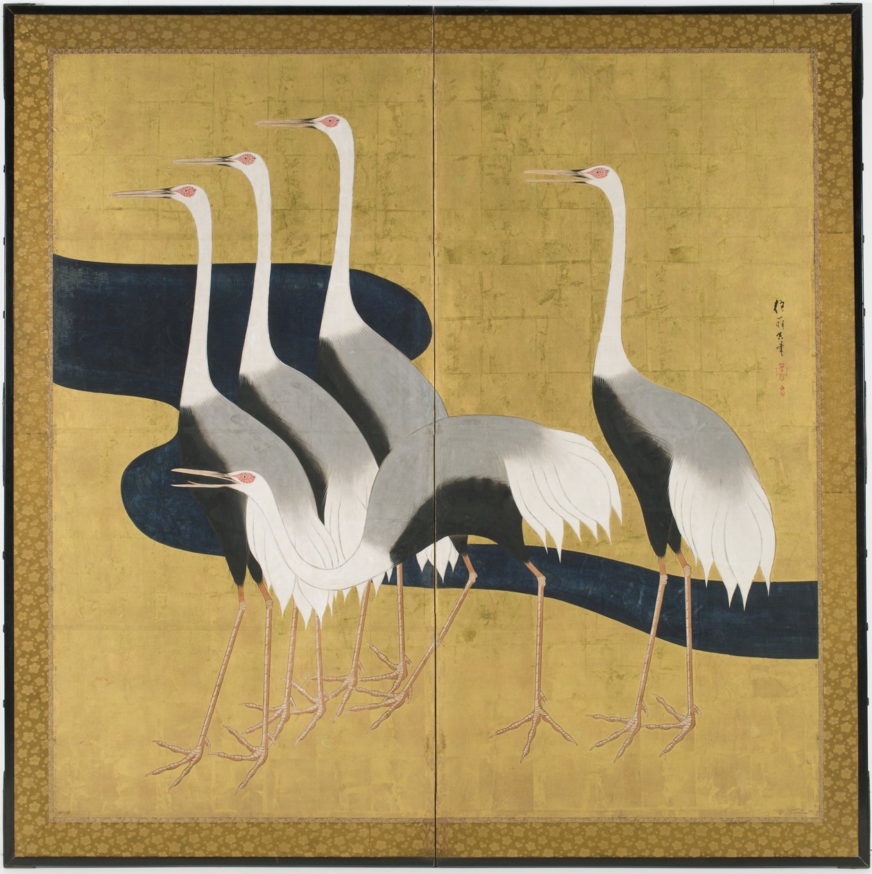 Tela dobrável de dois painéis representando guindastes (tinta, cores e ouro sobre papel) de Sakai Hoitsu