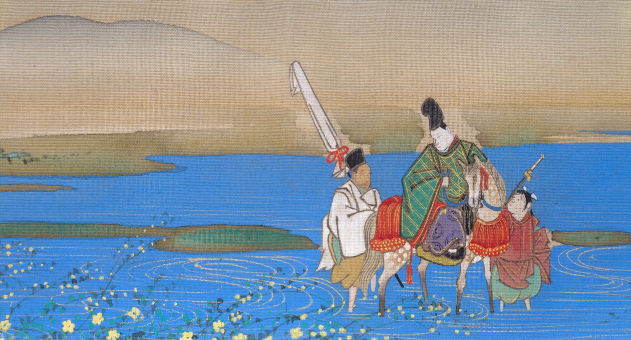 Cortesão masculina a cavalo, cruzando o rio, c.1839 de Sakai Oho
