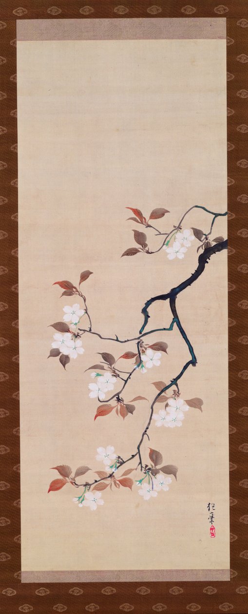 Pergaminho de enforcamento representando flores de cerejeira, de um tríptico das três estações, japonês, início do século XIX de Sakai Hoitsu