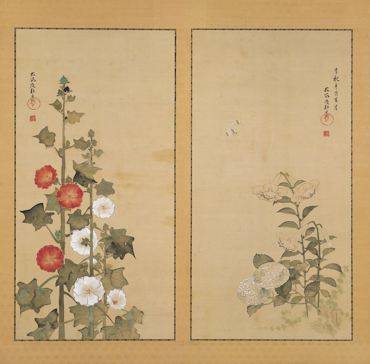 Lírios com hortênsias e malvas-rosas de Sakai Hoitsu