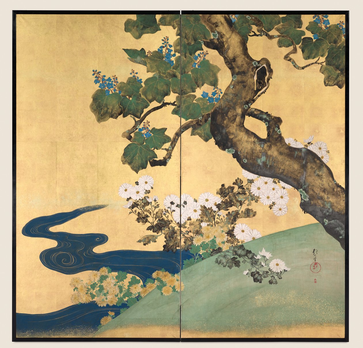 Paulownias e crisântemos, tela dupla, final dos anos 1700 - início dos anos 1800 (tinta e cores em papel dourado) de Sakai Hoitsu