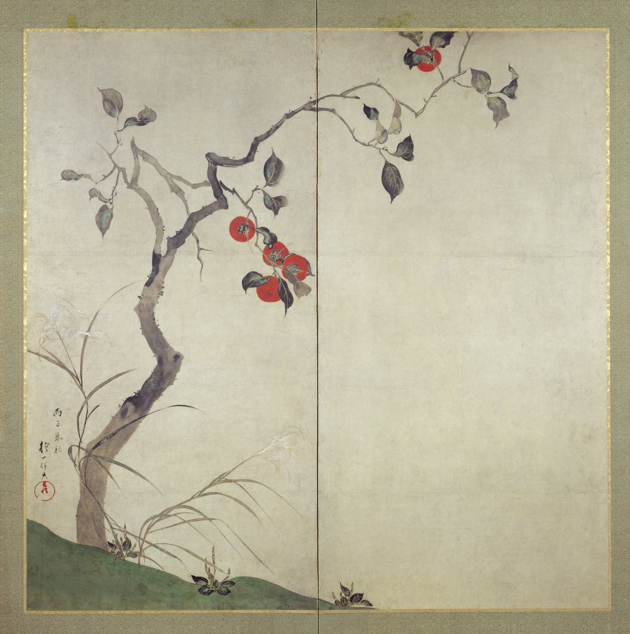Caqui na Árvore (tinta, cores e ouro sobre papel) de Sakai Hoitsu