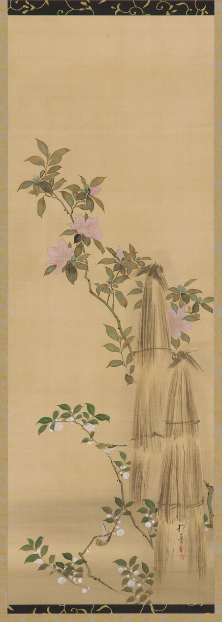 Flores rosas e brancas e coberturas de palha, período Edo, 1761-1828. de Sakai Hoitsu