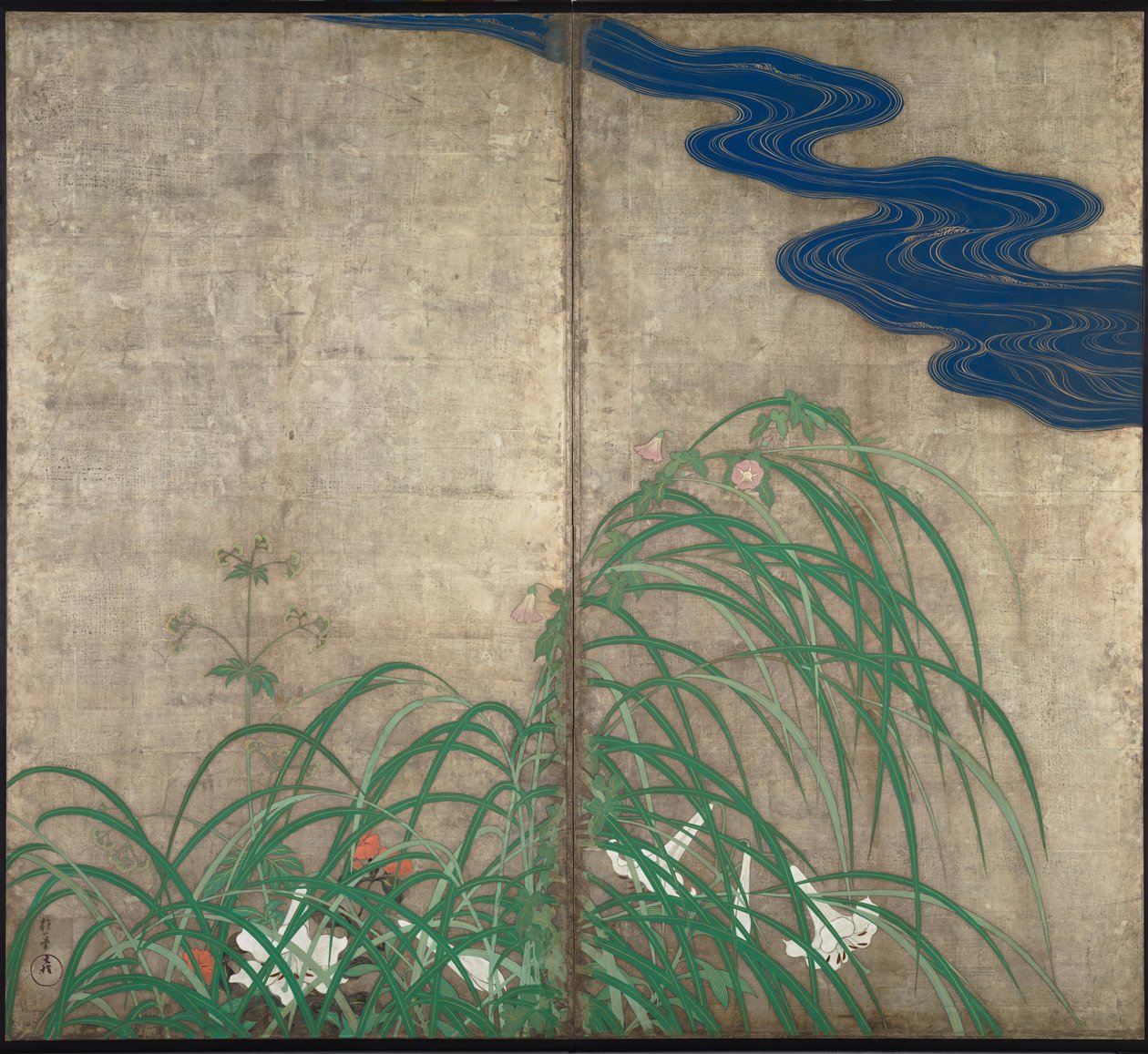 Verão e outono plantas de flores. Parte do par de telas duplas de Sakai Hoitsu
