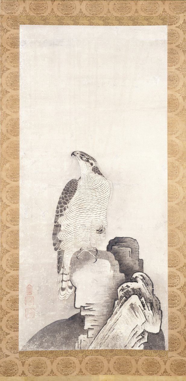 Falcão empoleirado numa rocha (tinta sobre papel) de Sakai Oho