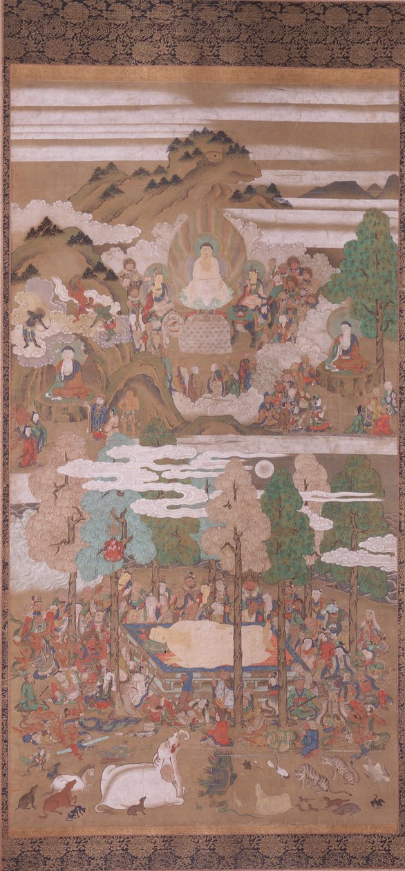 Morte do Buda Sakyamuni (tinta da China, cor e ouro sobre seda) de Sakon Sadatsuna