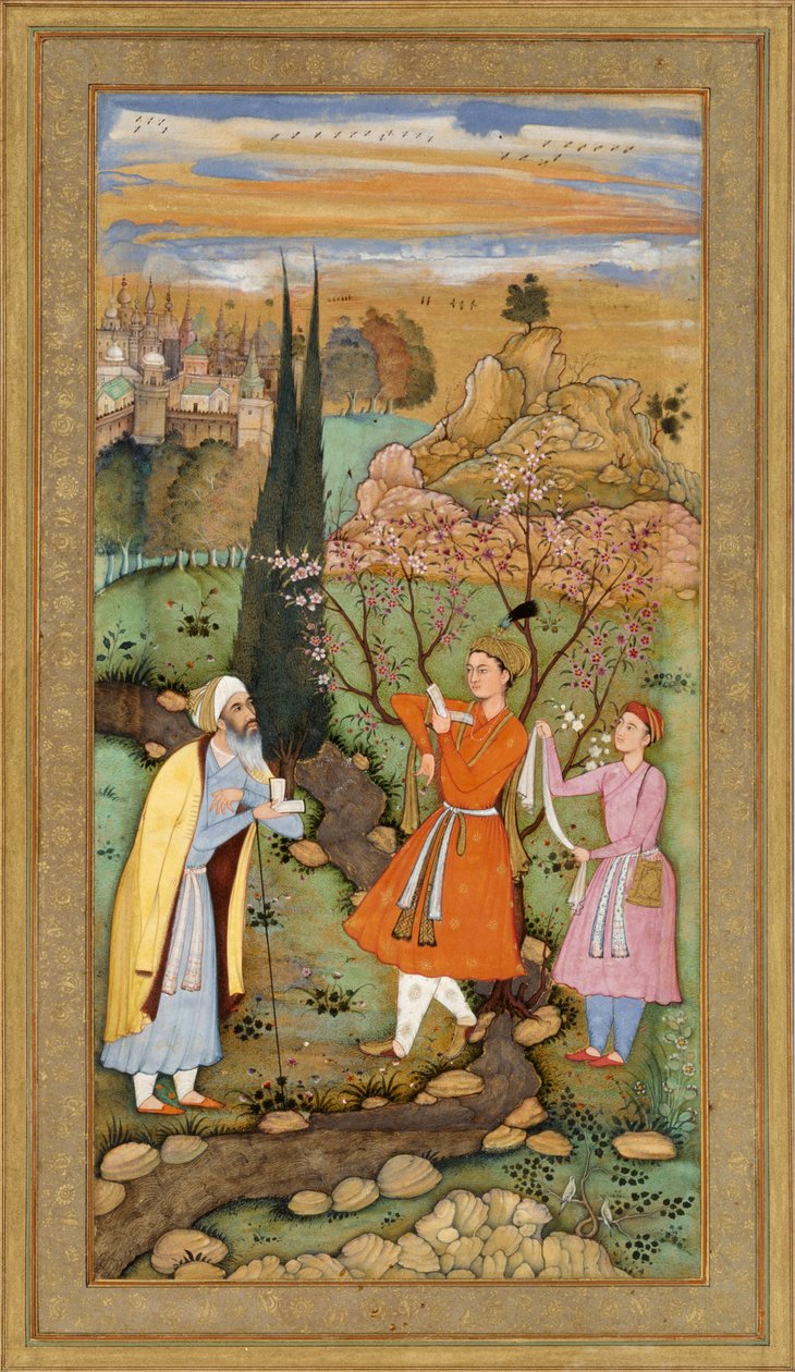 Folha do Muraqqa Gulshan - O Poeta e o Príncipe (reto) Caligrafia (verso) de Salim Quli
