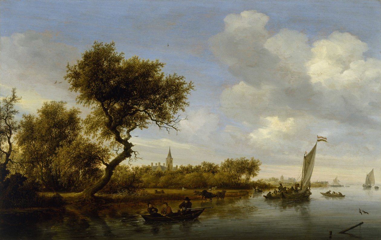 Paisagem do rio com uma igreja à distância de Salomon van Ruisdael or Ruysdael