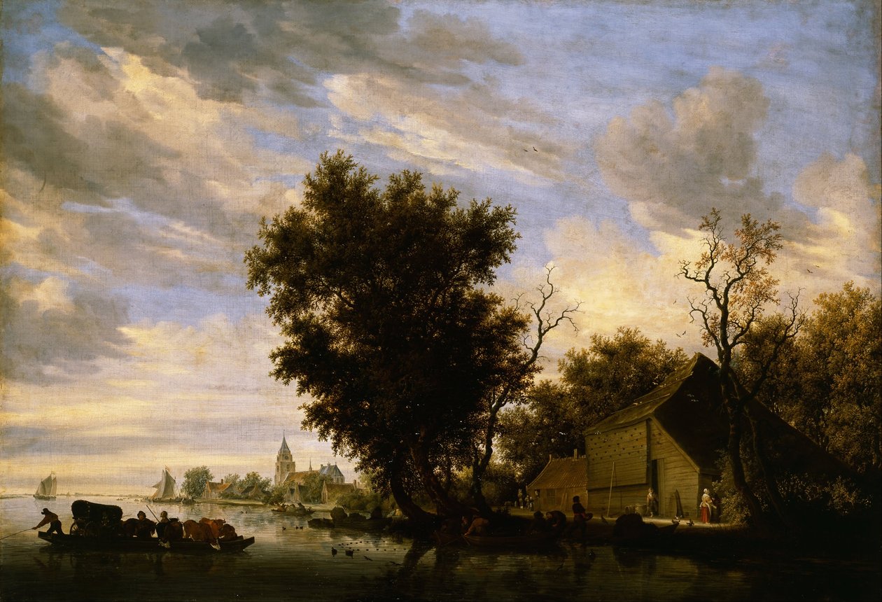 Cena rio, com, barco balsa de Salomon van Ruisdael or Ruysdael