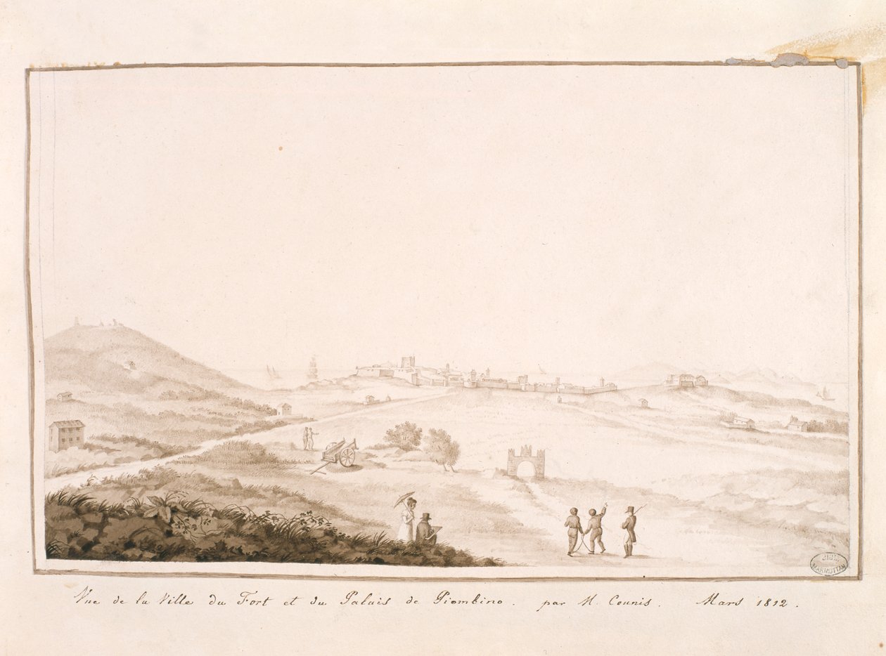 Vista da cidade fortificada e Palácio de Piombino, 1812 de Salomon Guillaume Counis