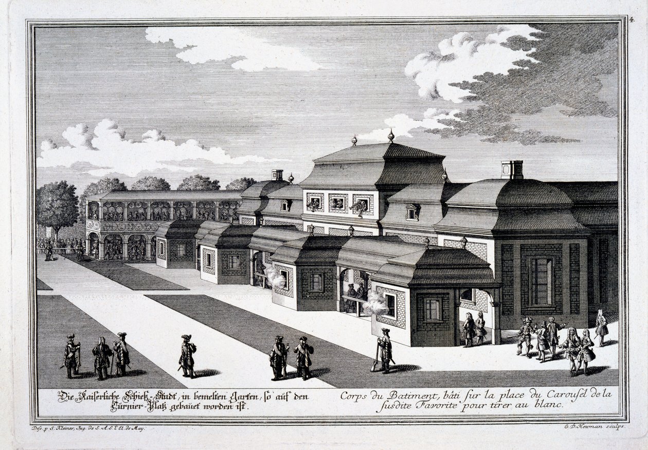 Alcance de tiro construído na Place du Carousel para o Palácio do Príncipe, em Viena, a partir de &39;Apresentação do seguinte Lustgarten, exceto o Residenz-Stadt Wien&39;, publicado c.1724-37 de Salomon Kleiner