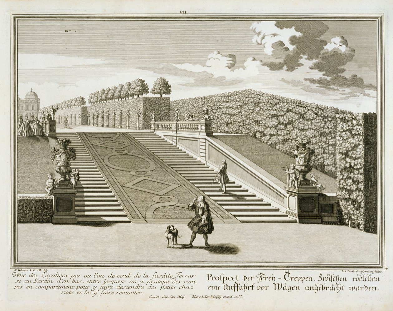 Passos para o terraço do jardim, o Palácio Belvedere, em Viena, gravado por Johann Jacob Grossmann, publicado c.1730-40 de Salomon Kleiner