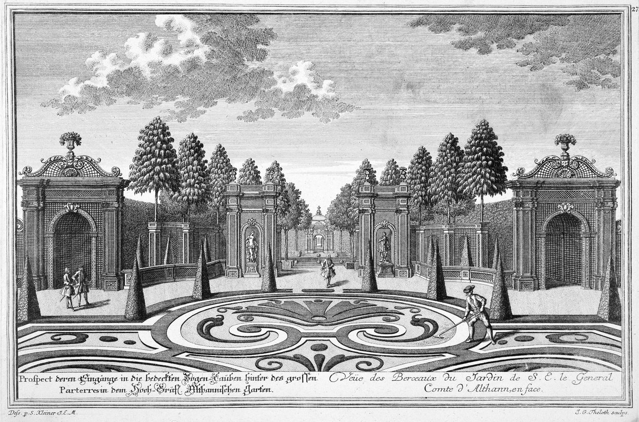 Os jardins do conde Althan, em Viena, de "Apresentação do seguinte Lustgarten, exceto o Residenz-Stadt Wien", gravado por Johann Gottfried Thelott (1711-55) de Salomon Kleiner