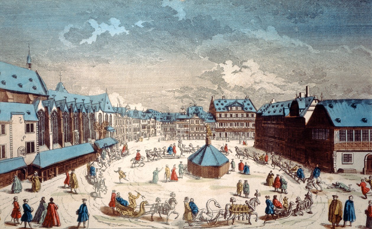 Vista, de, Liebfrauenberg, quadrado, em, inverno, cano principal francoforte am, 1738 de Salomon Kleiner
