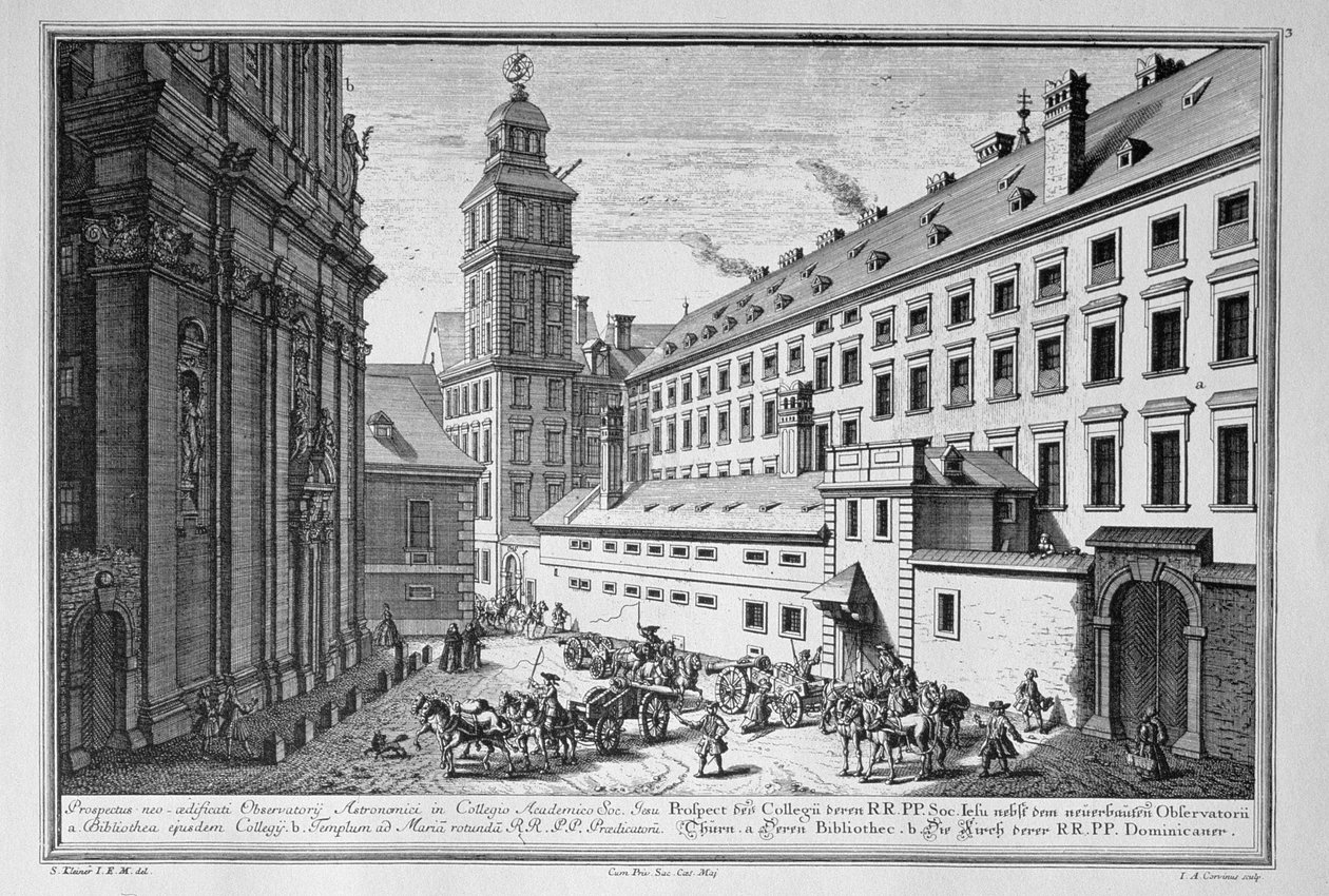 Vista do novo Observatório no Colégio dos Jesuítas, Viena, mostrando também a biblioteca e a igreja de Santa Maria Rotunda gravada por Johann-August Corvinus (1683-1738) de Salomon Kleiner