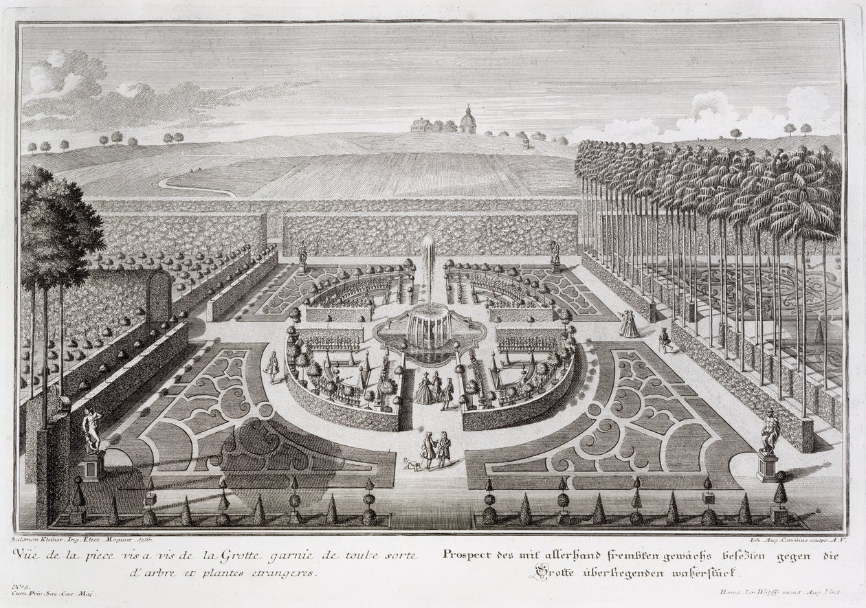 Vista do jardim de topiaria ao lado da gruta, Geibach, gravado por Johann August Corvinus (1683-1738), publicado em 1728 de Salomon Kleiner