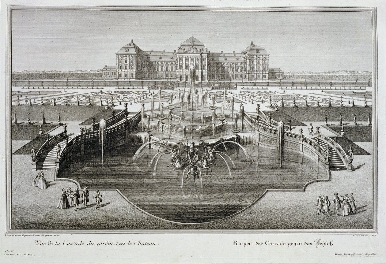 Weissenstein, vista para o castelo da cascata barroca, gravada por Georg-Daniel Heumann (1691-1759), publicada em 1728 de Salomon Kleiner