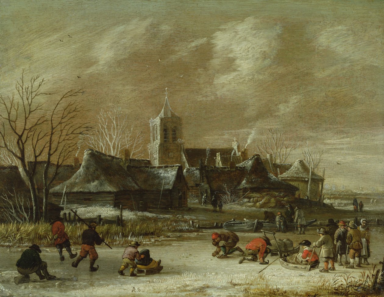 Cidade no inverno com patinação artística de Salomon Rombouts