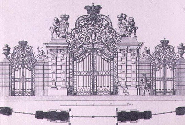 Plano e elevação dos portões de entrada para o Schloss Belvedere em Viena provavelmente desenhado por Johann George Oegg c.1725, gravado por Johann August Corvinus (1683-1738) de Salomon after Kleiner