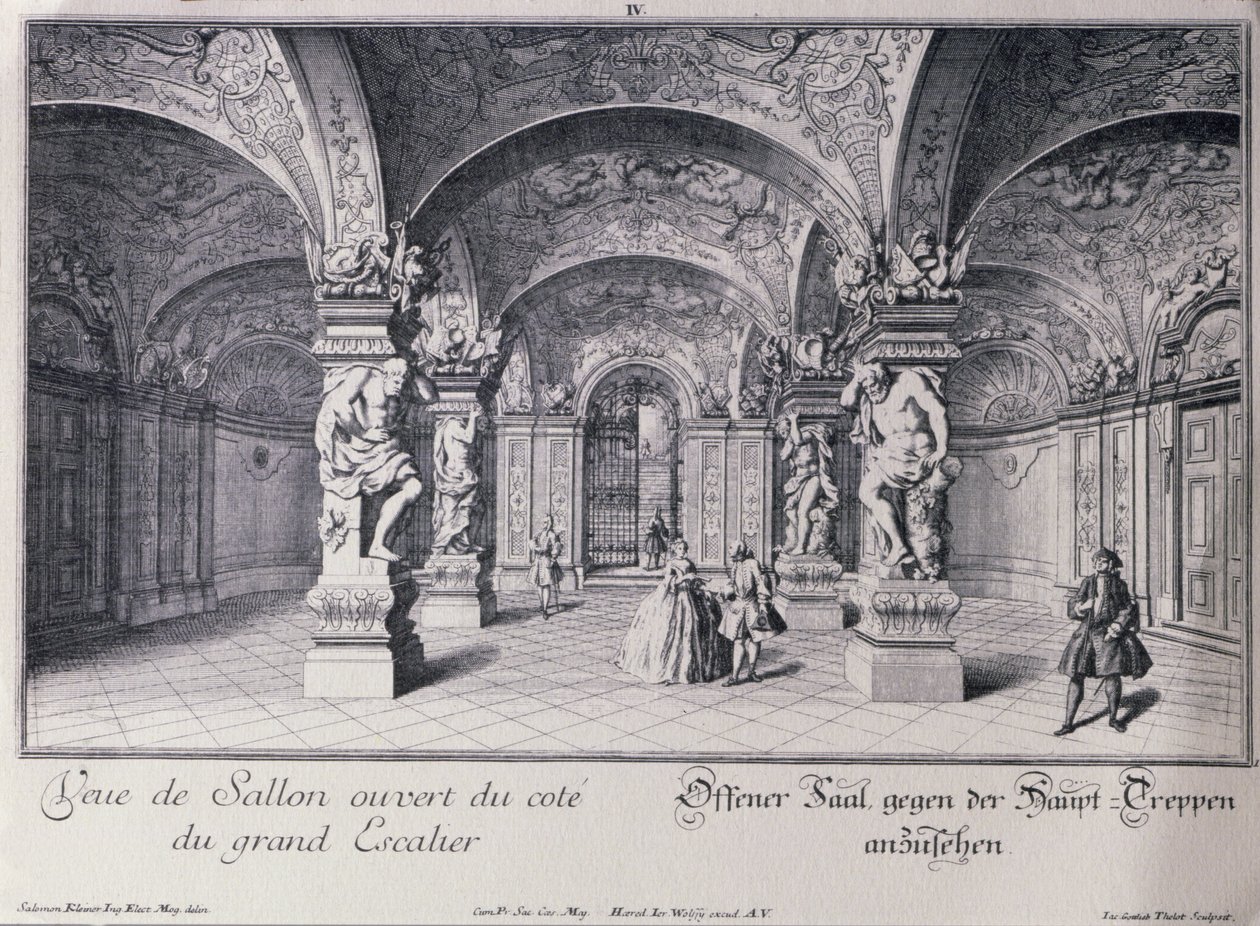 O Salão (Sala Terrena) do Belvedere Superior em Viena começou em 1721 por Johann Lukas von Hildebrandt, gravado por Thelot de Salomon after Kleiner