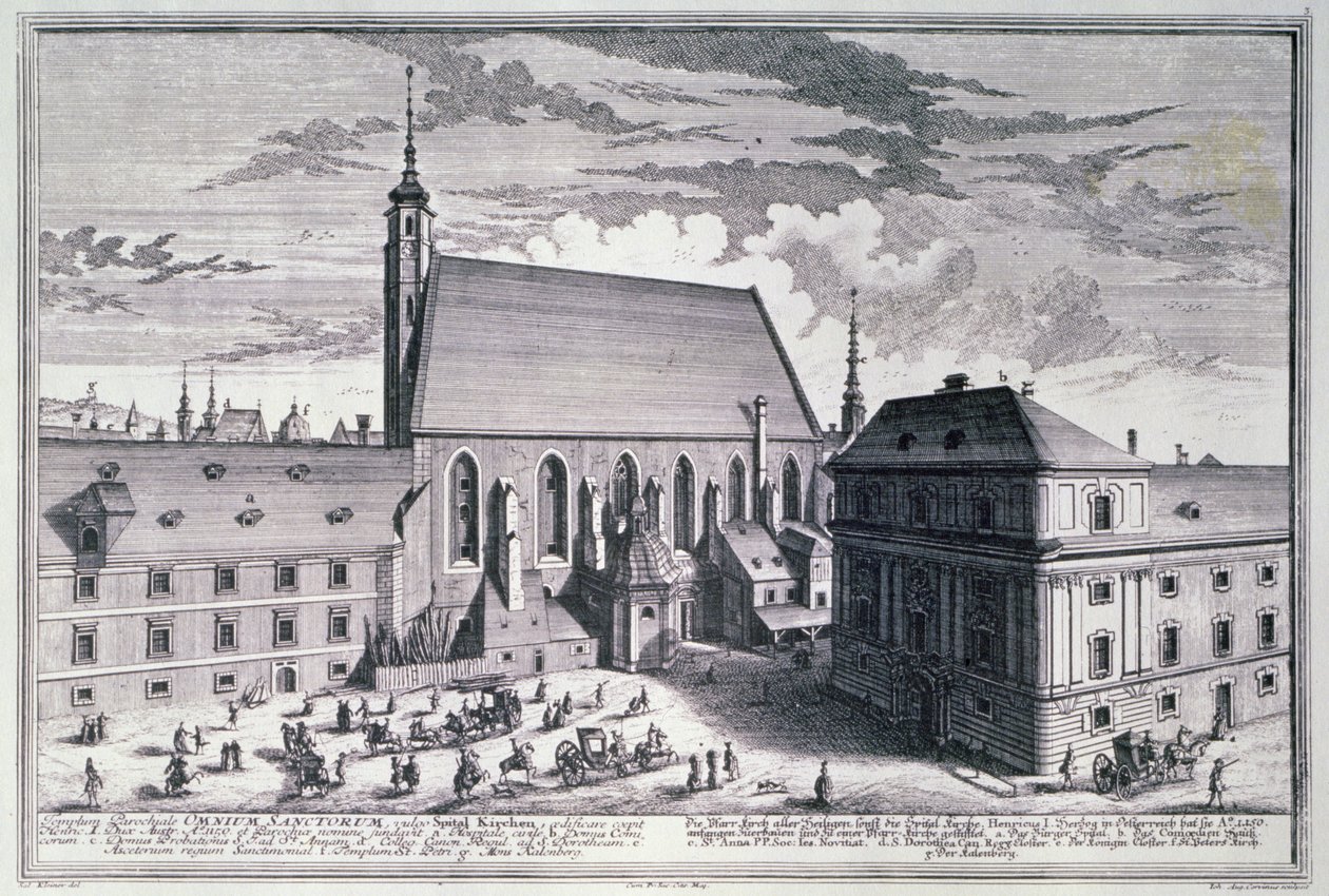 Vista da Igreja de Todos os Santos, Viena, gravada por Johann-August Corvinus (1683-1738) de Salomon after Kleiner