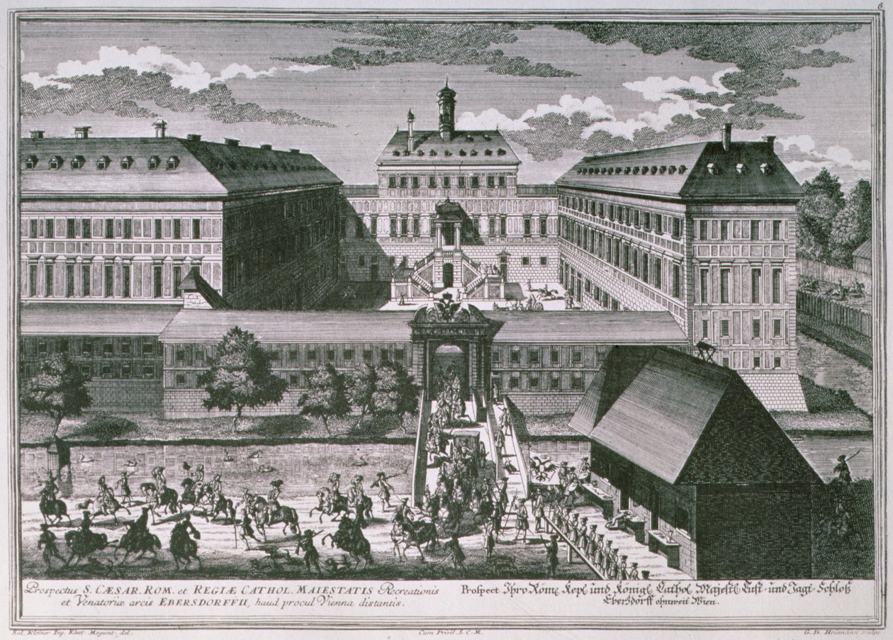 Vista do Schloss Ebersdorff perto de Viena gravada por Georg-Daniel Heumann (1691-1759) de Salomon after Kleiner