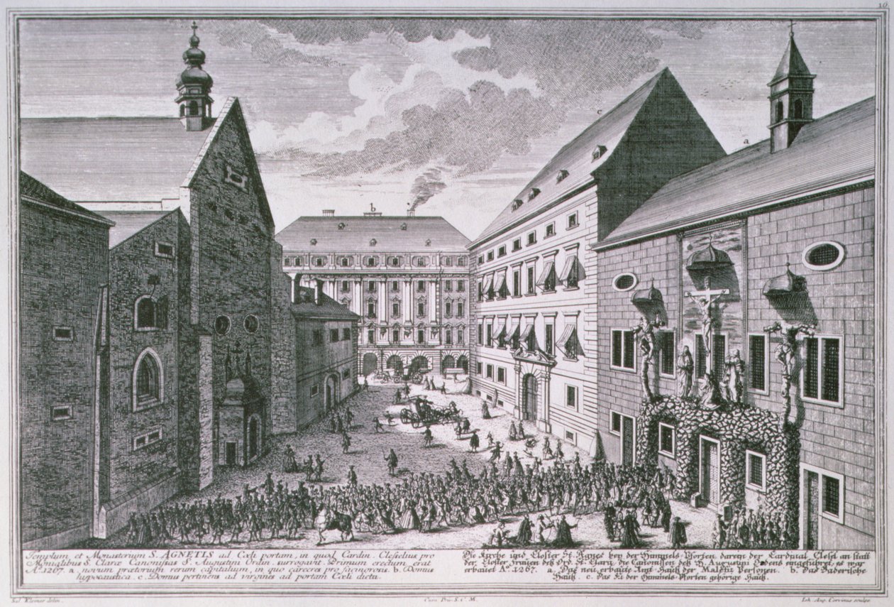 Vista da igreja de St. Agnes, Viena gravada por Johann-August Corvinus (1683-1738) de Salomon after Kleiner