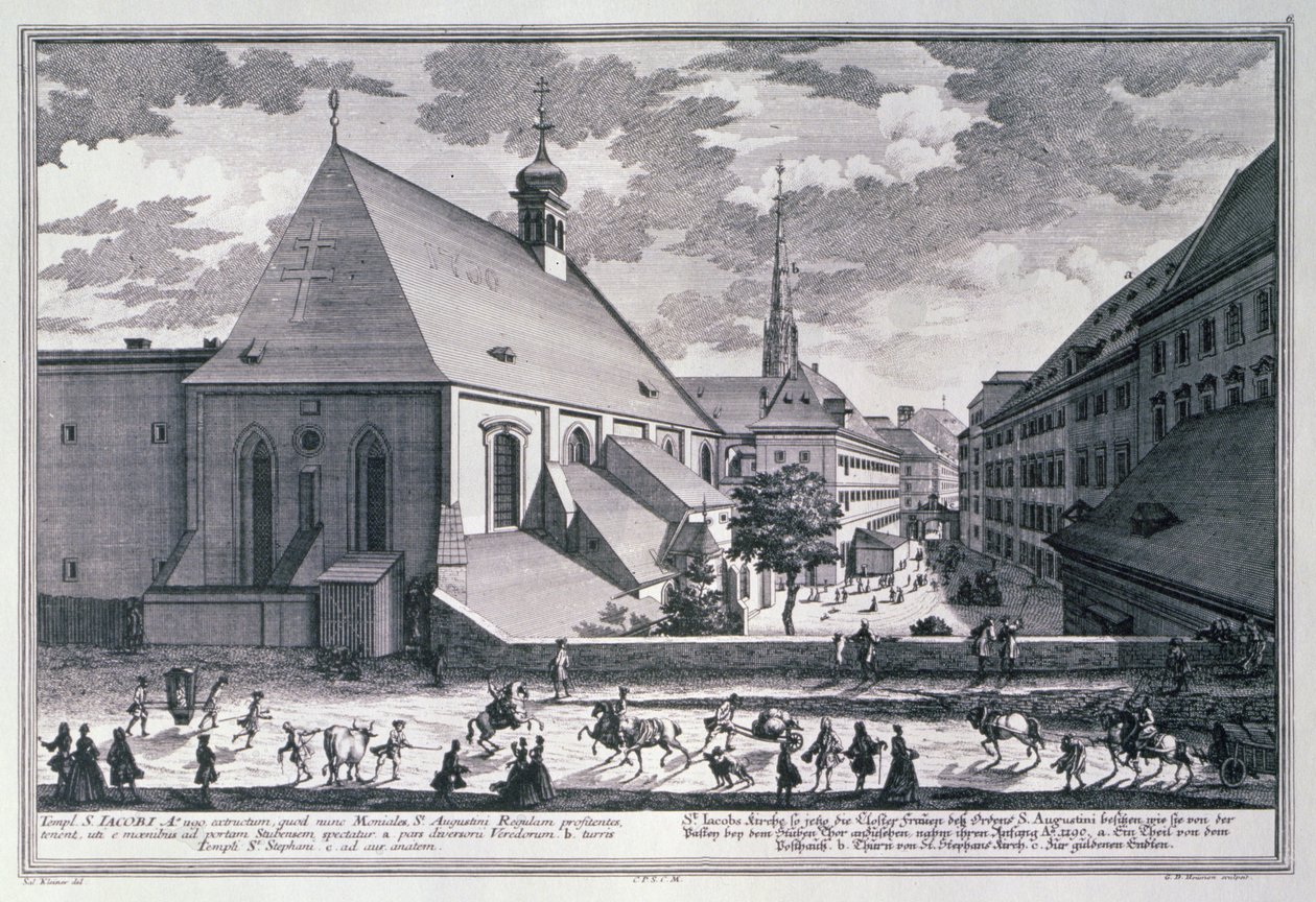 Vista da Igreja de St. Jacobs, Viena, gravada por Georg-Daniel Heumann (1691-1759) de Salomon after Kleiner