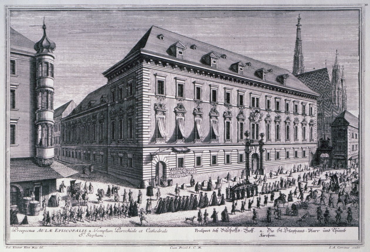 Vista de uma procissão fúnebre com a Catedral de St. Stephens no fundo gravada por Johann-August Corvinus (1683-1738) de Salomon after Kleiner