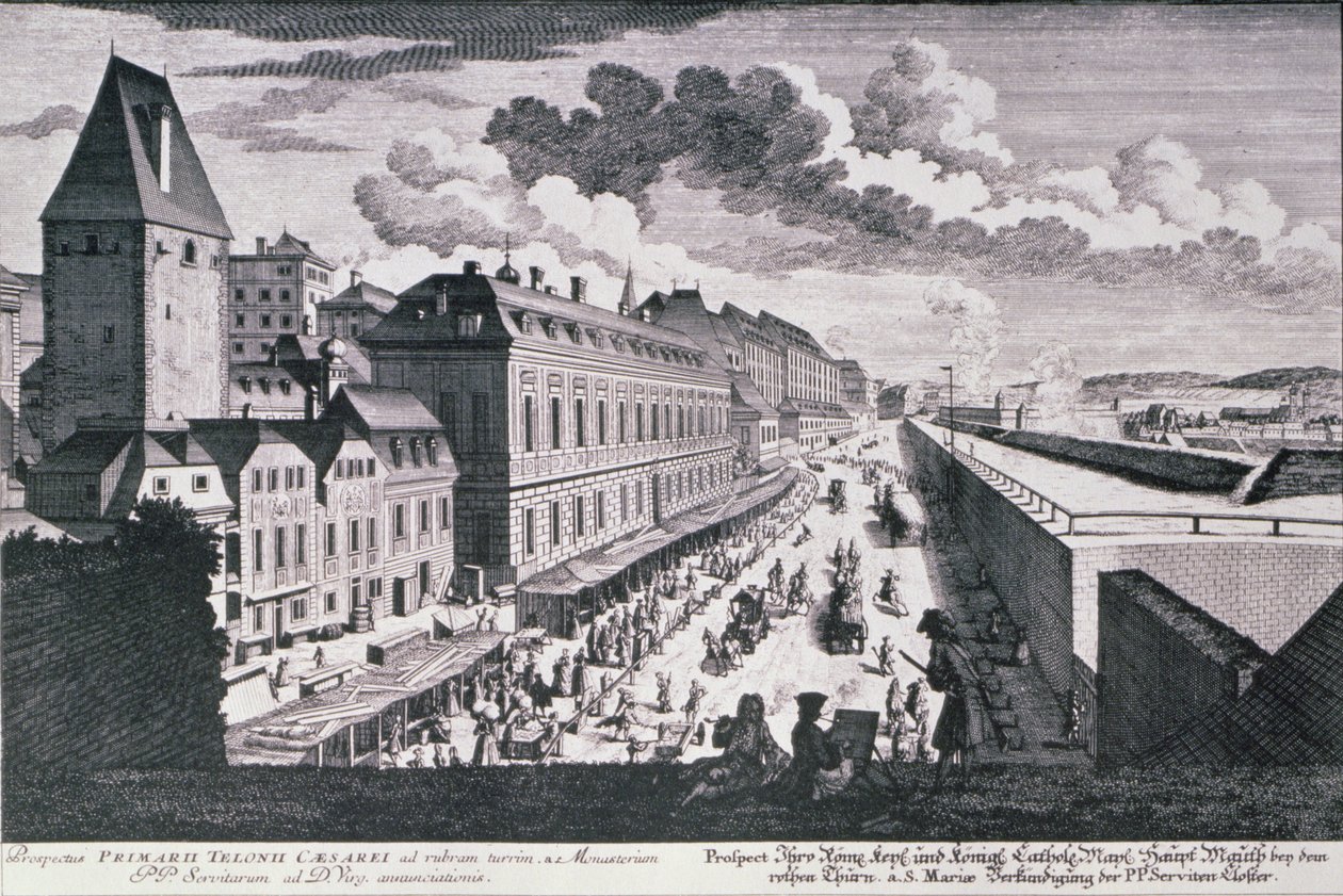 Vista de uma rua em Viena gravada por Johann-August Corvinus (1683-1738) de Salomon after Kleiner
