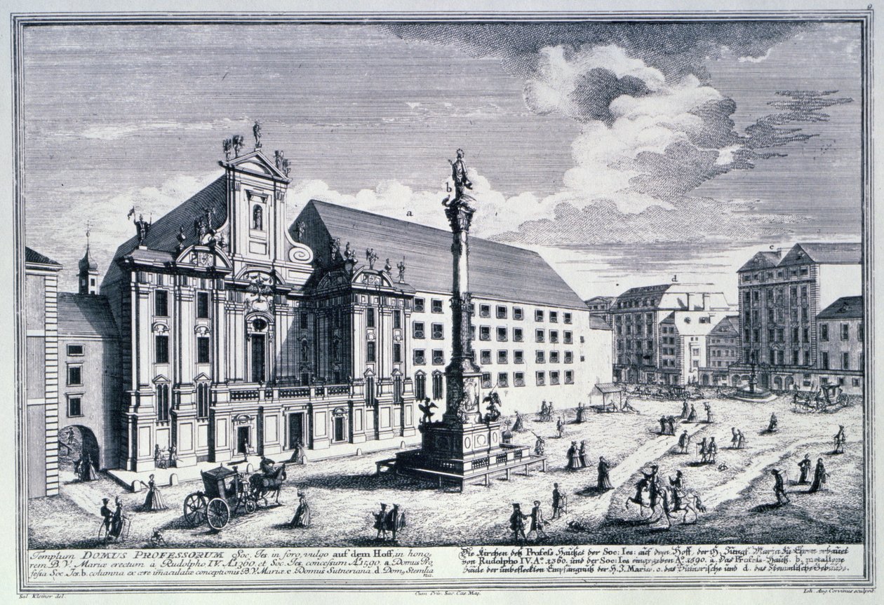 Vista da praça Am Hof mostrando a Mariensaule ou Coluna de Nossa Senhora gravada por Johann-August Corvinus (1683-1738) de Salomon after Kleiner