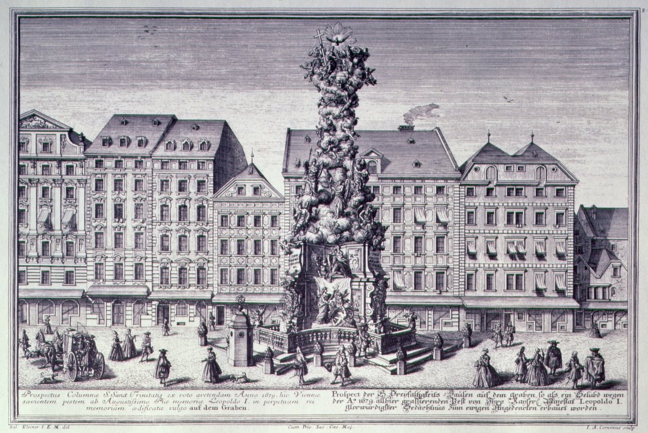 Vista do Pestsaule, a Coluna da Peste encomendada pelo Imperador Leopoldo I para comemorar a libertação de Viennas da praga de 1679, inventada pelos jesuítas e executada por Matthias Rauchmiller, Lodo de Salomon after Kleiner