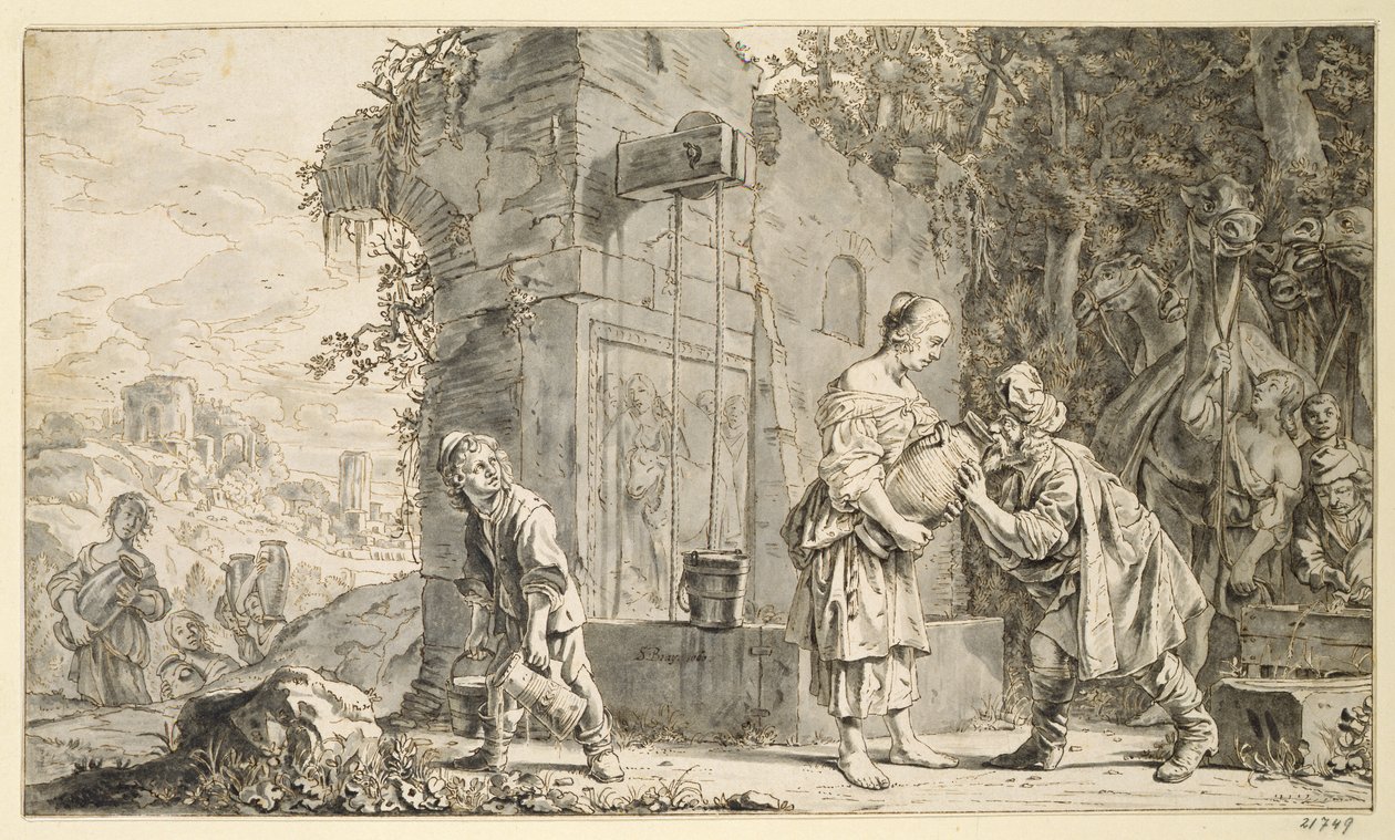 Rebecca e Eliezer, 1660 (caneta e tinta e lavar no papel) de Salomon de Bray