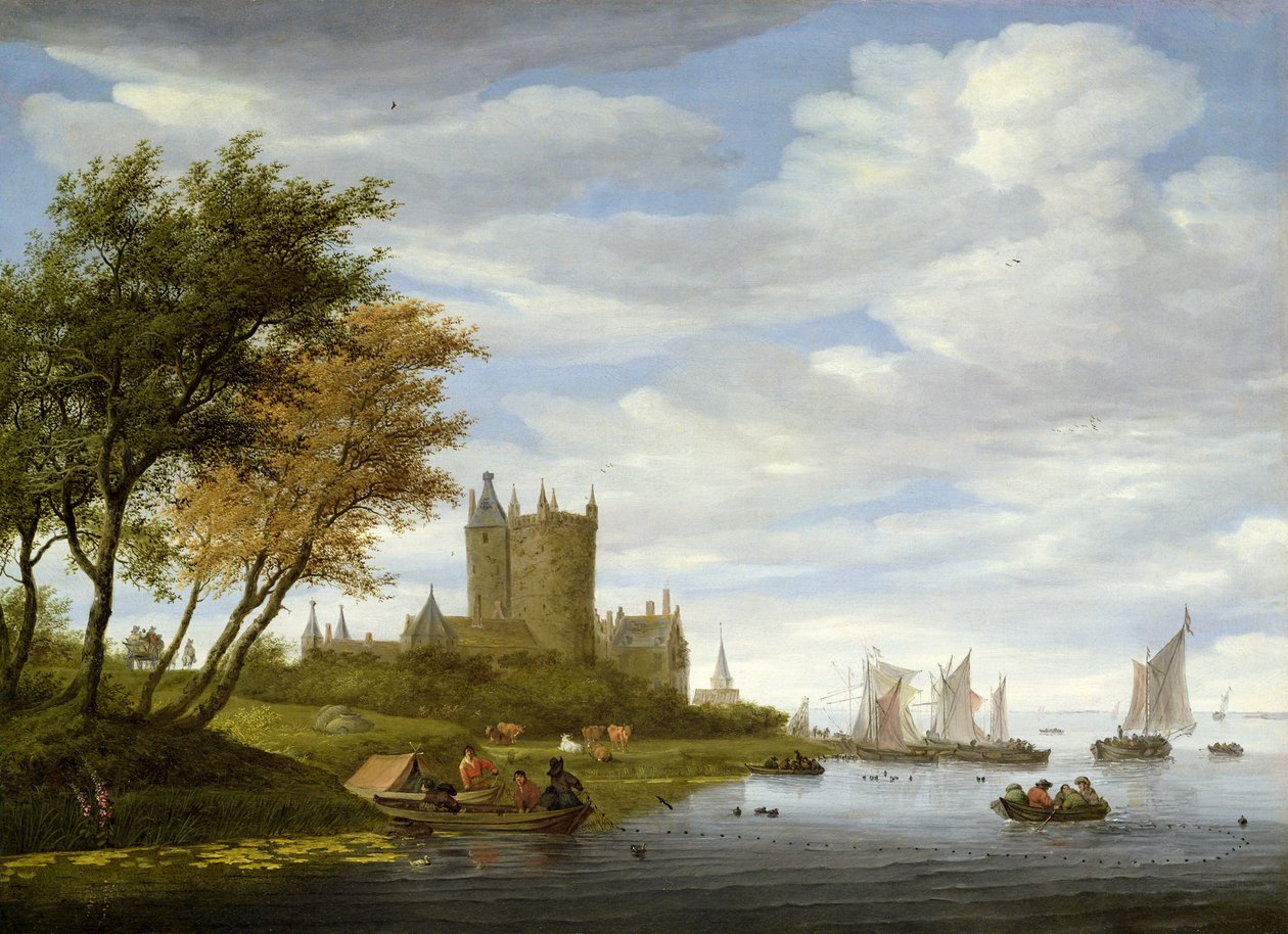 Estuário do rio com um castelo de Salomon van Ruisdael or Ruysdael