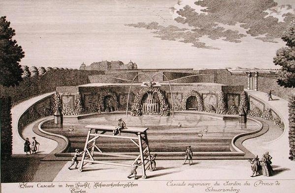 Grande fonte no jardim do Príncipe de Schwarzenberg, Viena, gravada por Georg-Daniel Heumann (1691-1759), publicada c.1724-37 (gravura) (ver também 170853) de Salomon (after) Kleiner