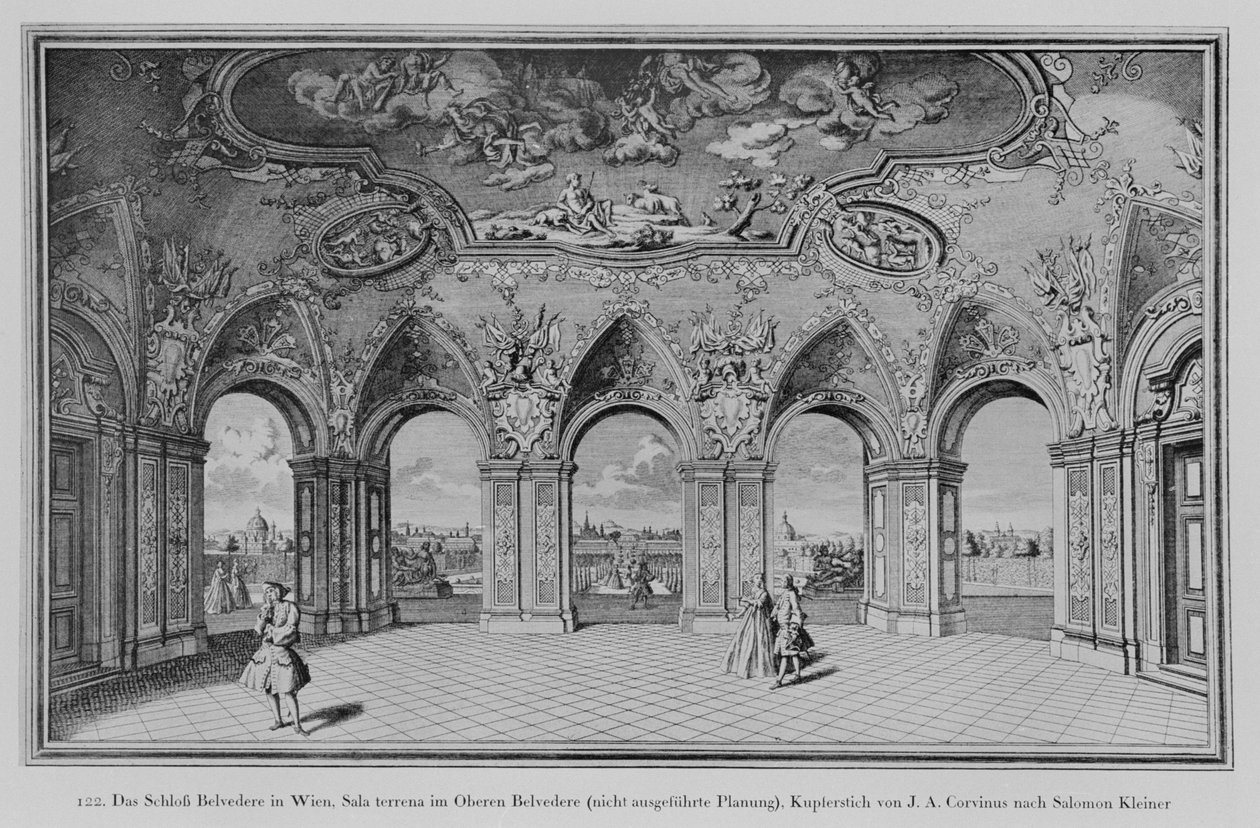Oberes Belvedere: Sala terrena, desenho não executado, gravado por Johann August Corvinus (litho) de Salomon (after) Kleiner