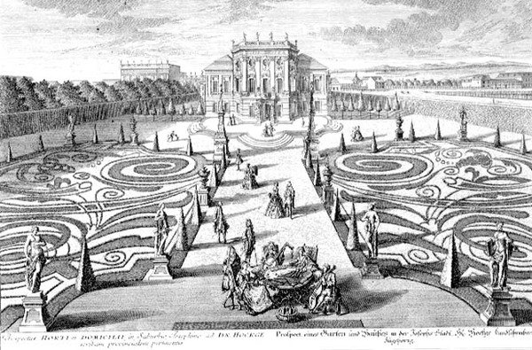 Vista de um Jardim e Casa em Josefstadt, Viena, gravada por Johann August Corvinus (1683-1738) (gravura) de Salomon (after) Kleiner