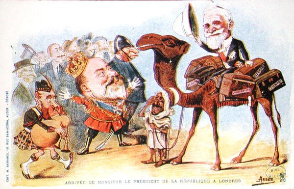 Caricatura da chegada do Presidente da República Francesa, Emile Loubet (1838-1929) a Londres em 1903 (cor litho) de Salomon Assus