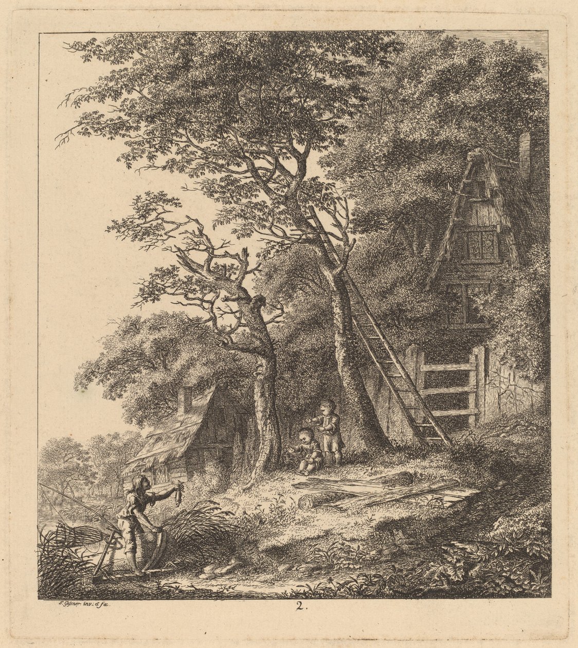 Um pescador e duas crianças em uma paisagem com cabanas de palha, 1764. de Salomon Gessner